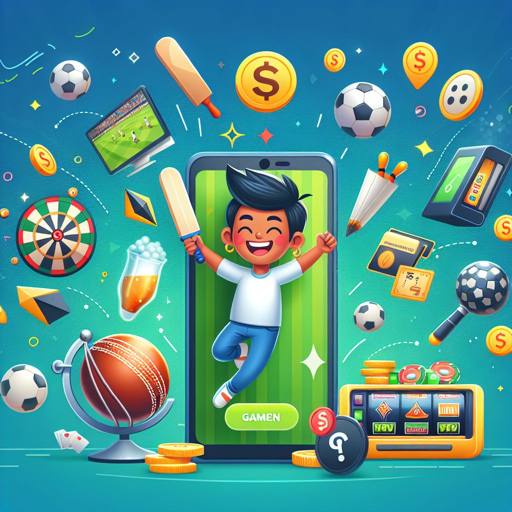 Cartoon character using the BDT5555 app on a smartphone with casino elements around