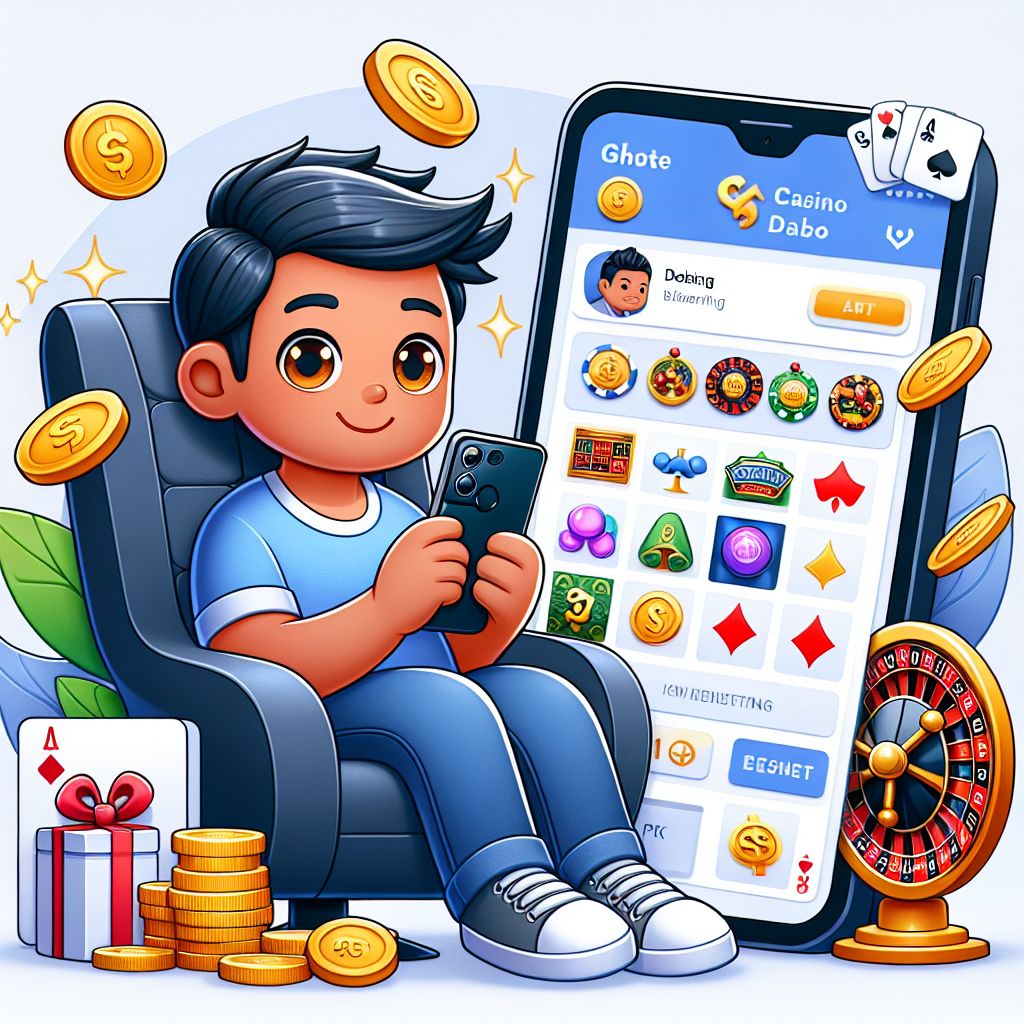 Cartoon-style Bangladeshi player enjoying an online casino on phone with coins and cards around
