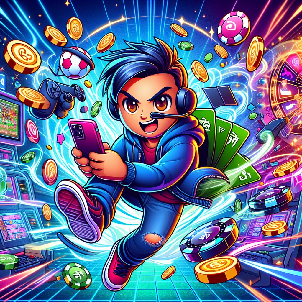 BDT5555 cartoon characters celebrating wins with coins and cards in a vibrant casino setting