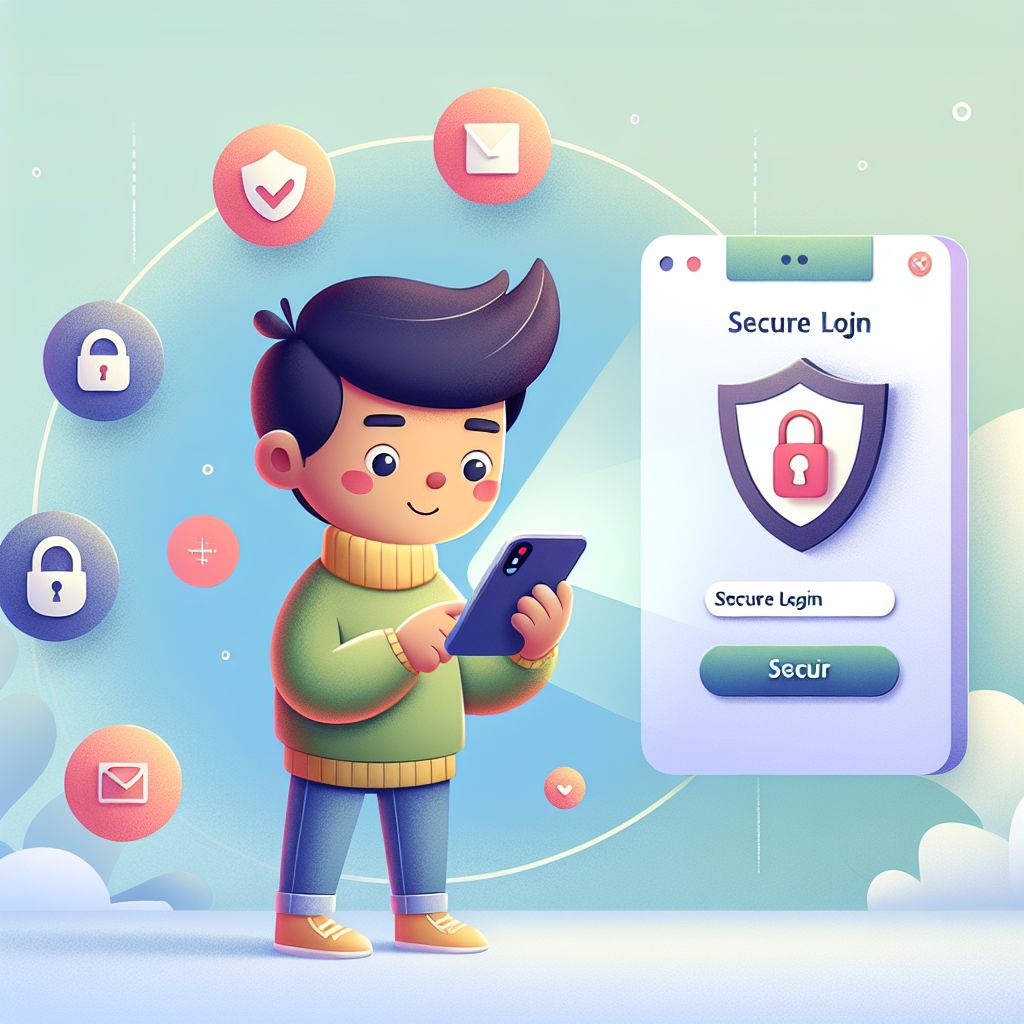 Cartoon character securely logging into a mobile app with shield icons