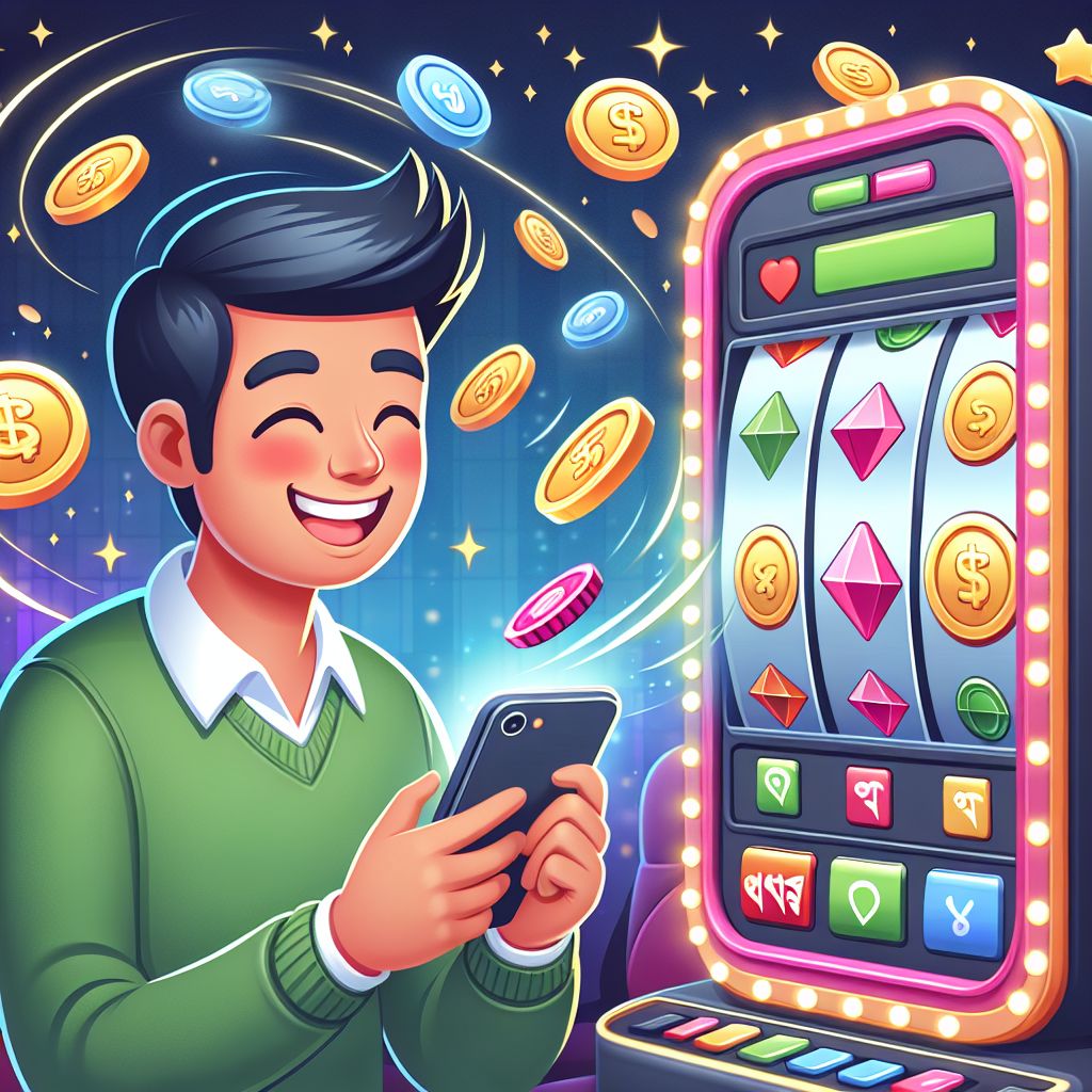 Cartoon Bangladeshi player spinning colorful slot reels with coins flying around
